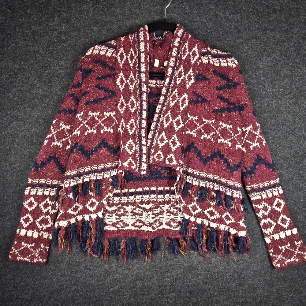 MOTH Anthropologie Women's Burgundy Aztec Fringe Cardigan Sweater Cozy Size XS